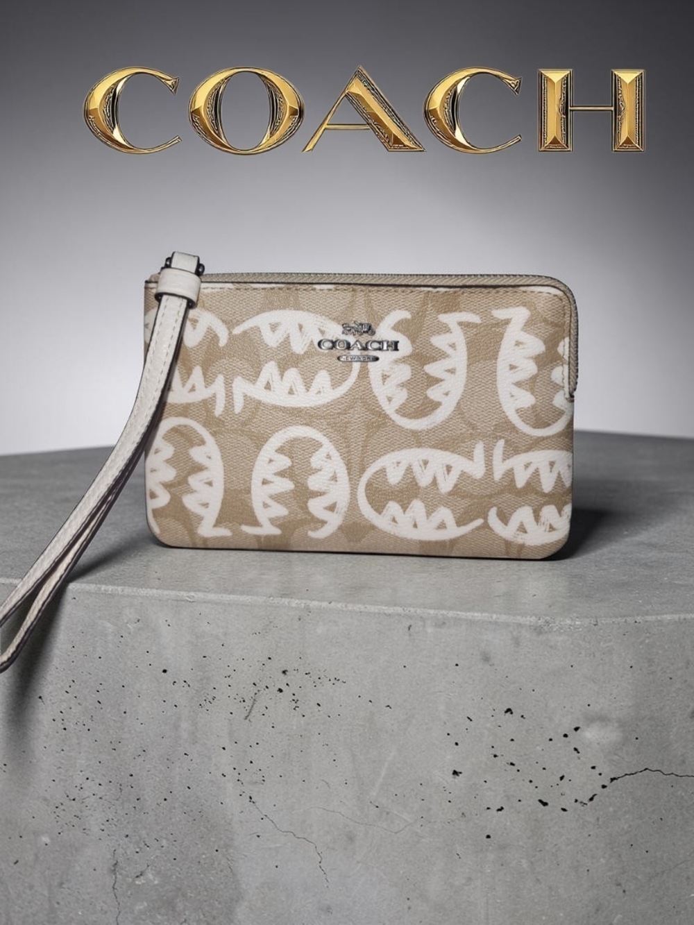 COACH Corner Zip Wristlet in Signature Canvas with Rexy by Guang Yu EUC